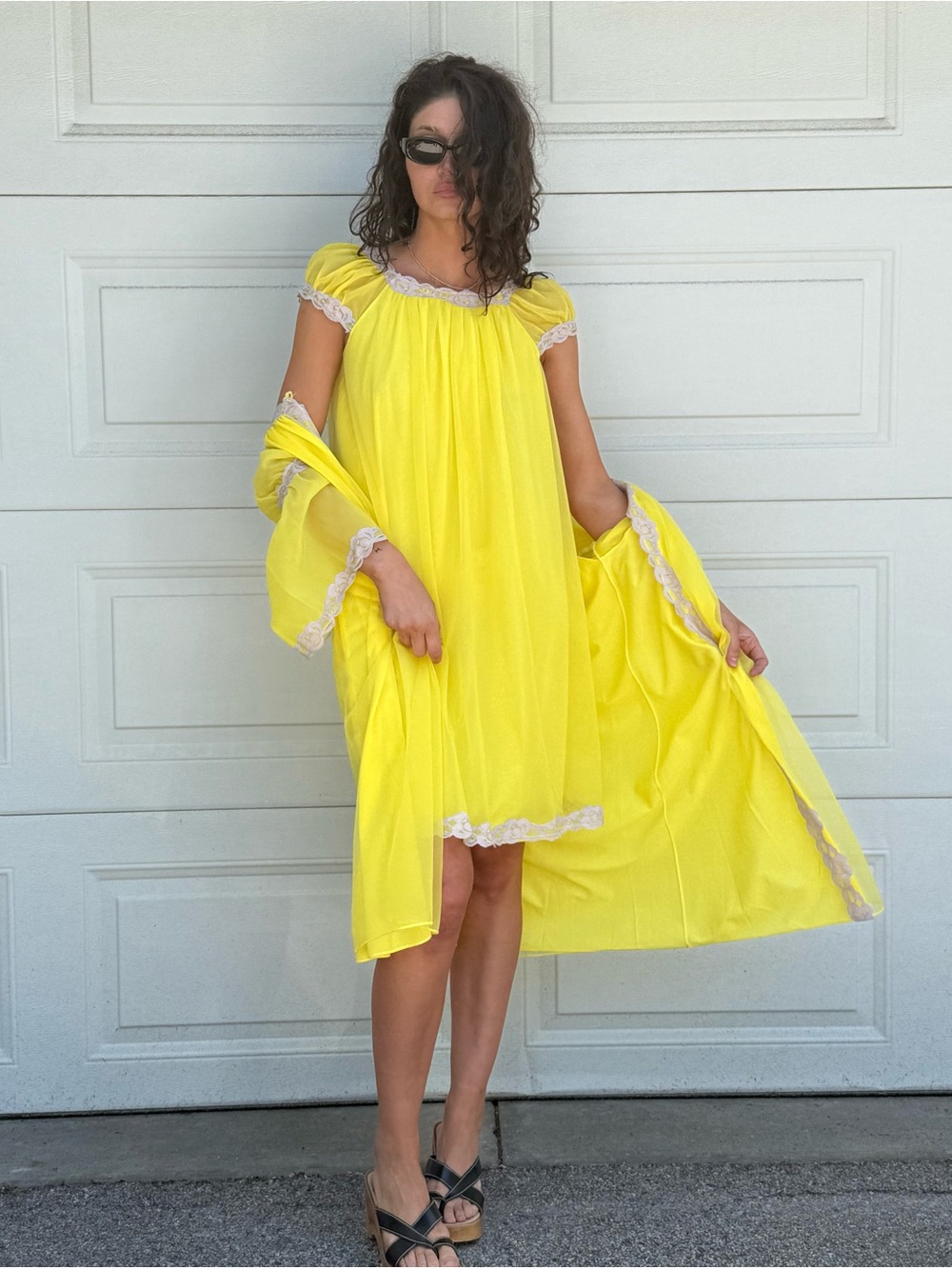 Vintage 60s Lemon Yellow Nightie & Robe Peignoir Set Purple Lace Trim short M/L